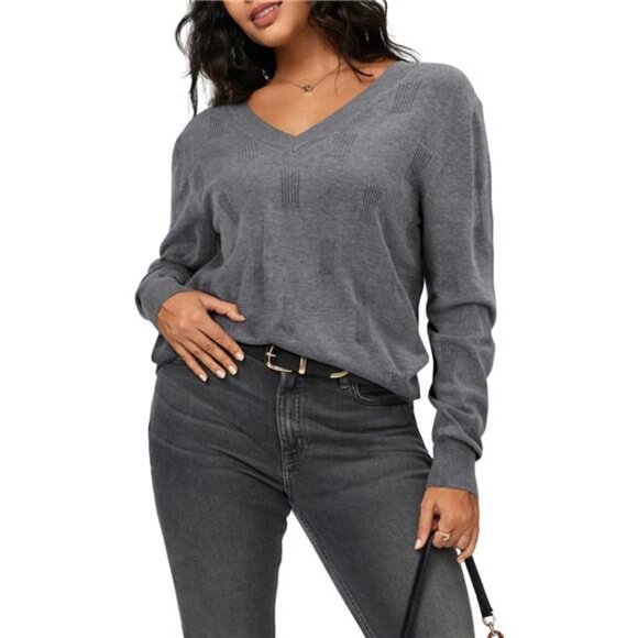 Women's Fall Tops Fashion V Neck Long Sleeve Blouse Knitted Pullover Sweater - Picture 3 of 5